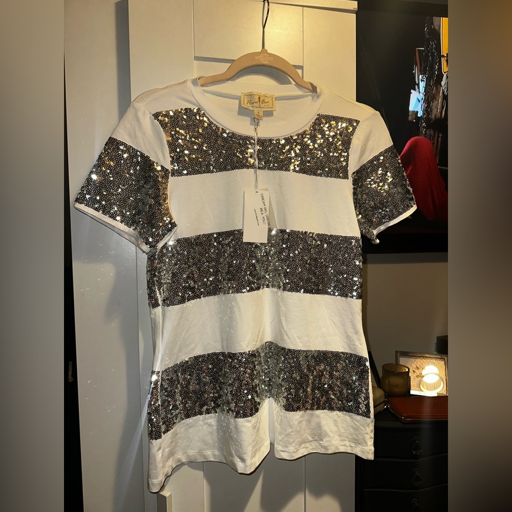 NWT Flora Bea New York Colleen Top- Ivory Sequin Cotton Jersey $170 MSRP - Picture 2 of 5